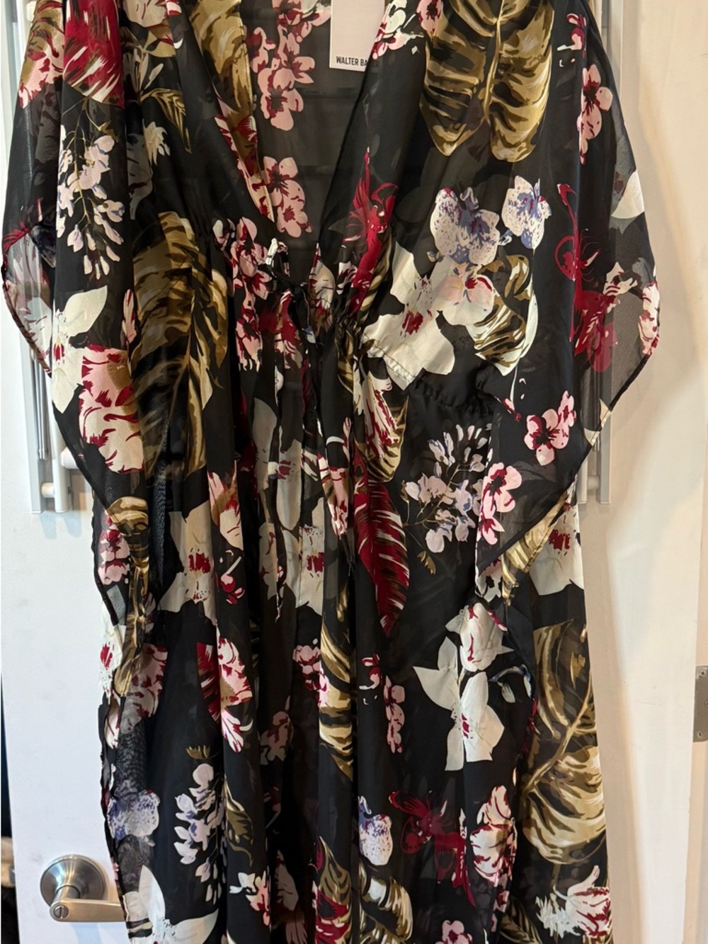 Walter Baker Black Sheer Floral Caftan with Tropical Print